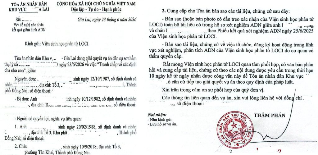 Trưng cầu giám định adn của tòa án với Viện LOCI